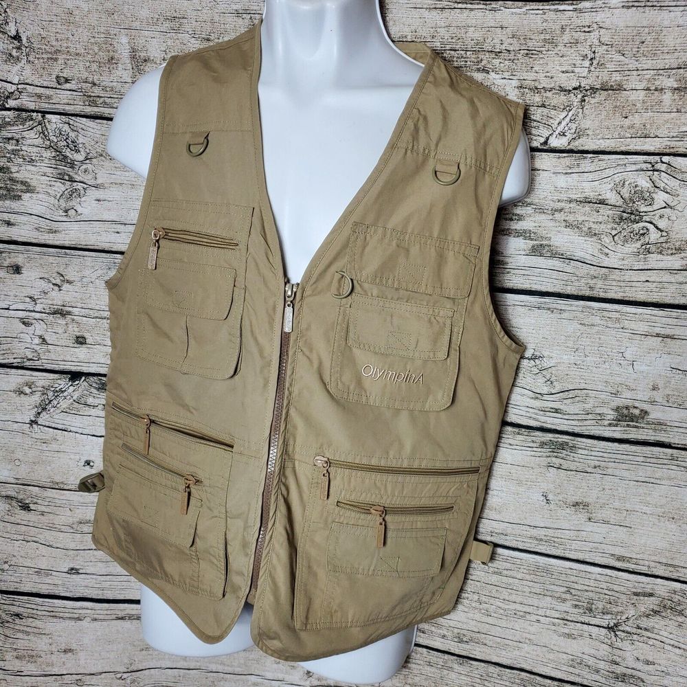 OlympinA Vest Mens Small Fishing Full Zip Outdoor Tactical Pockets Khaki